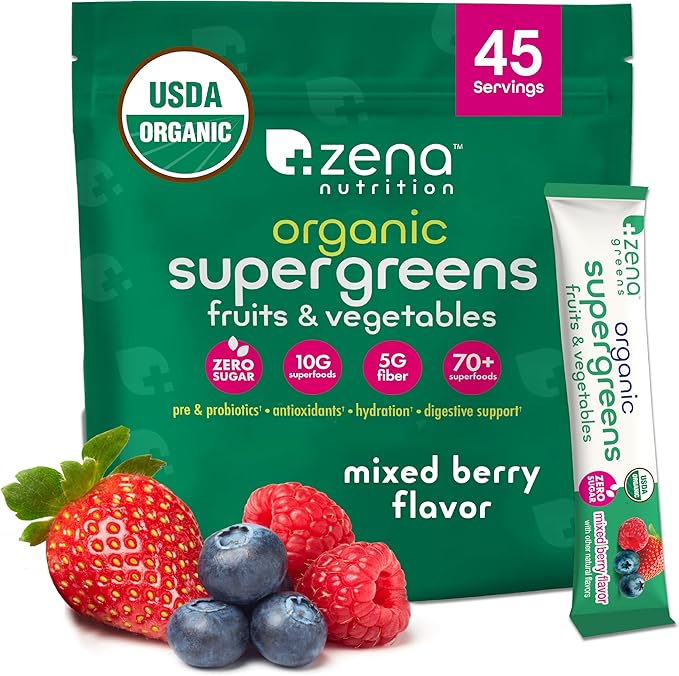 Zena Nutrition Organic Super Greens Powder, 70+ Superfoods, 0 Sugar, 5G Fiber, Spirulina, Chlorella, Antioxidants, Prebiotics/Probiotics, Digestive Enzymes, Mixed Berry, 45 Drink Mix Packets