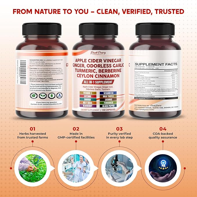 Apple Cider Vinegar Ginger Odorless Garlic Turmeric Berberine - Made in USA