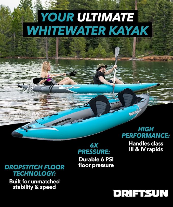 Driftsun Rover Inflatable Kayak - White Water Kayaks for 1 and 2 Person, High Pressure Dropstitch Floor Kayak for Adults with Padded Seats