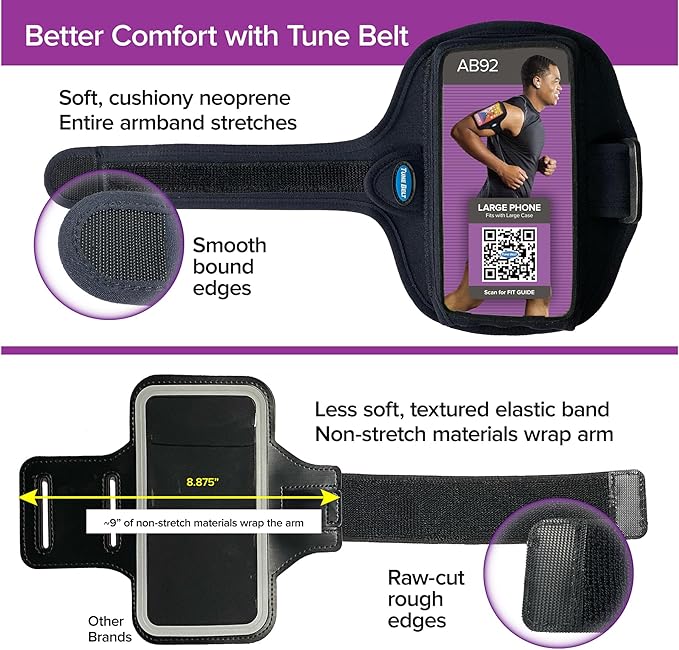Tune Belt AB92EX3 Running Armband for iPhone 16/15/14/13 Pro Max, Plus, Galaxy Ultra/Plus/Note – Fits Large Phone with Large Case, Phone Holder Includes EX3 Strap Extender for XL Biceps (Black)