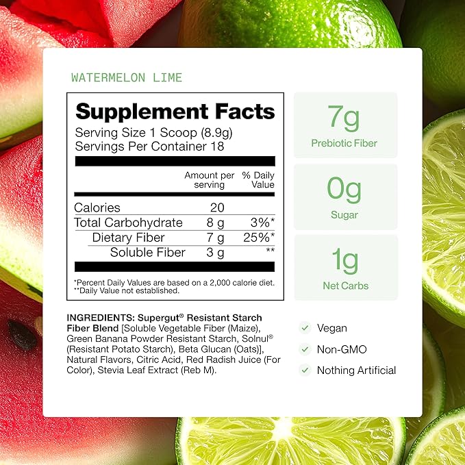 Supergut Gut Healthy Flavored GLP-1 Booster, Watermelon Lime - High Fiber GLP-1 Supplement Powder for Women & Men - Sugar-Free Drink Mix for Gut Health & Digestive Support (18 Servings)
