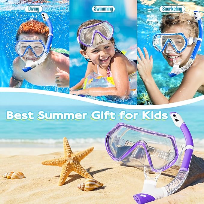 Snorkeling Gear for Kids, Kids Snorkel Set for Ages 3-14, Anti-Fog Diving Mask and Dry Top Snorkel Combo Set, Unisex Swimming Goggles