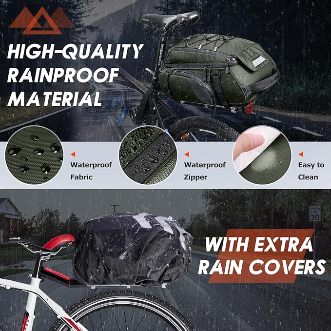 RAINSMORE Bike Bags for Bicycle Rear Rack 15L Waterproof Bike Ebike Trunk Pannier Saddle Bag with Rain Cover Bike Accessories Backpack Shoulder Bag for Commuter Travel Outdoor, Green