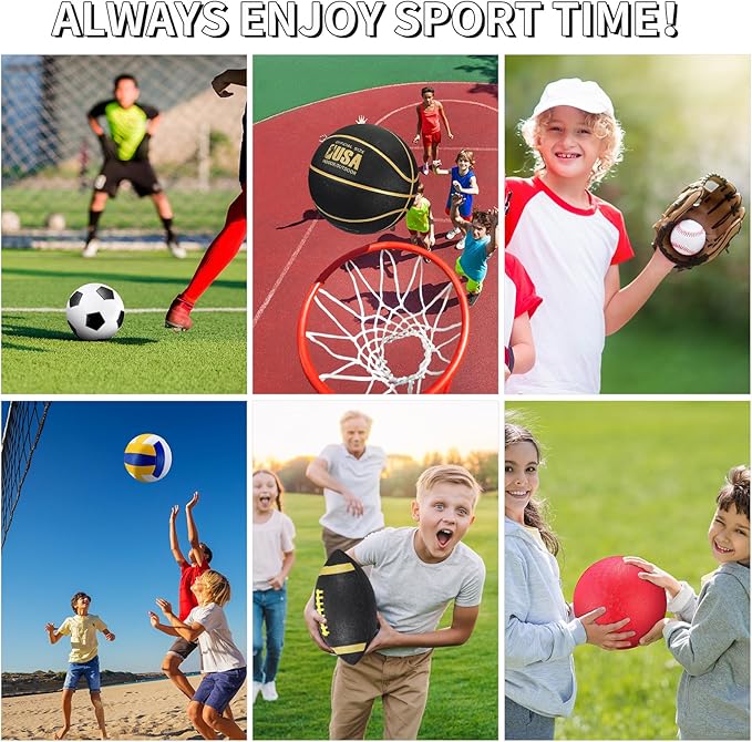 Realspring 6 Pcs Multi Sport Ball Set for Kid Teen Operation Christmas Official Size Football, Basketball, Soccer, Volleyball, Playground Ball, Baseball with Sports Equipment Bag Pump