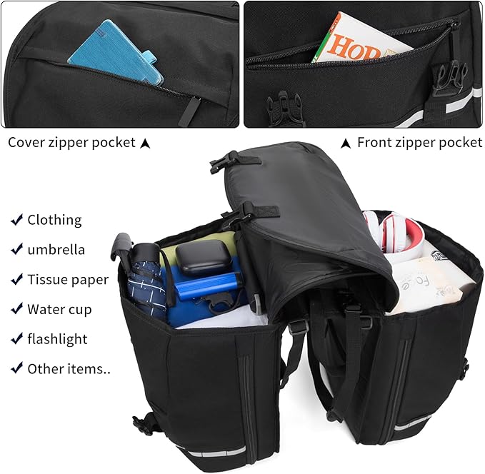 Bike Bag Accessories Panniers for Bicycle Rear Rack Bag 36L Waterproof Mountain Electric Bike Saddle Bag for Cycling Traveling Commuting Black