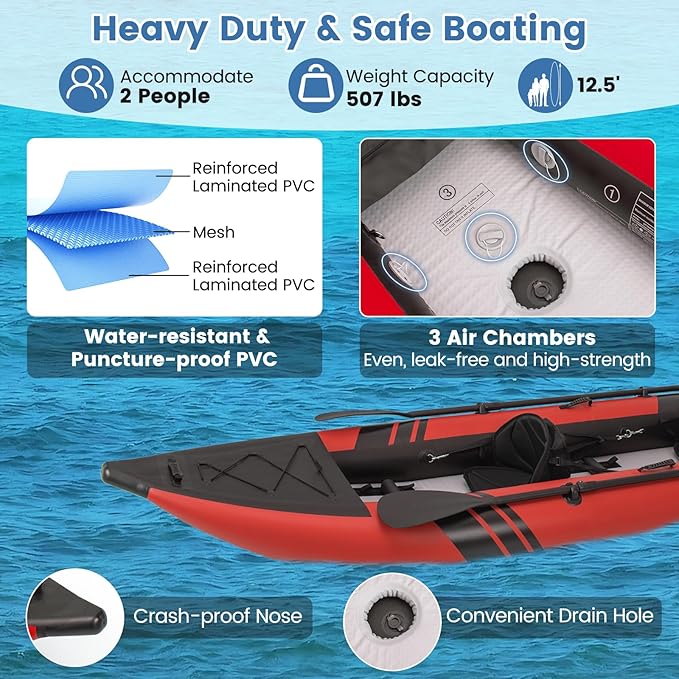 S AFSTAR Inflatable Kayak, 2 Person Canoe with 507 lbs Capacity, Drop-Stitch Floor, All Accessories & Carry Bag, 12.5 ft Large Sit in Tandem Kayak for Fishing, Camping & Exploring for Adults