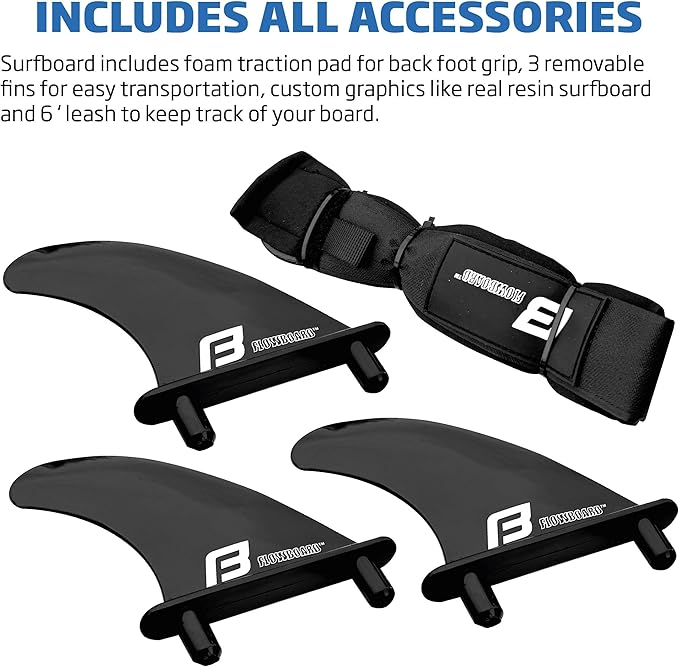 FLOWBOARD Surfboard Softboard Foam - Include (3) Fins 6’ Foot Leash and (2) Wood Stringers Inside Board Availalable in 6' and 7' Short Board and 8' Longboard