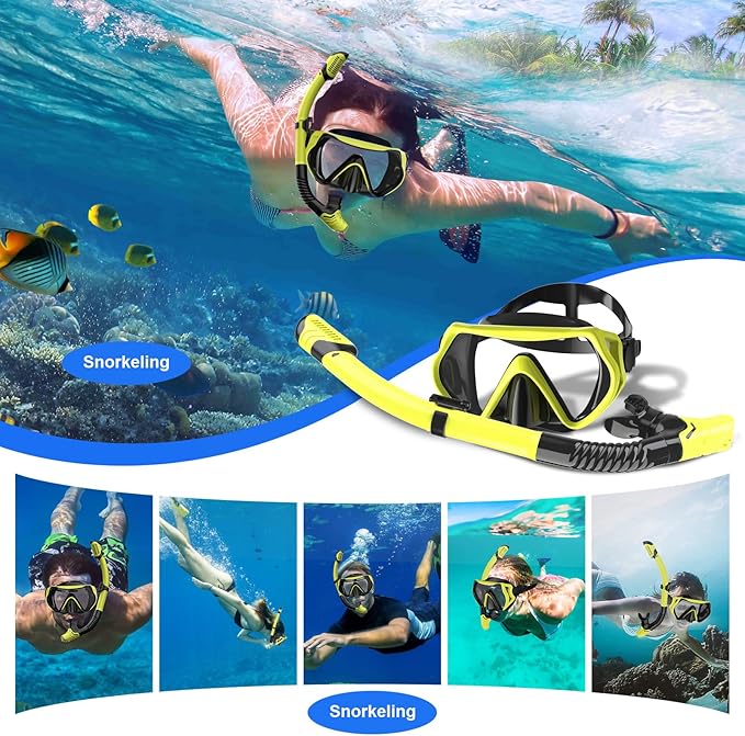 Snorkeling Gear, Dry Snorkel Set180° Panoramic Wide View,Anti-Fog Scuba Diving Mask, Professional Snorkeling Gear for Free Breathing, Swimming, Diving