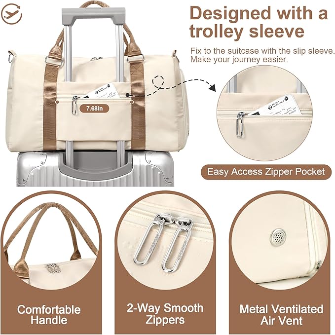 FIORETTO Womens Gym Tote Duffle Bag with Wet Pocket & Shoe Compartment, Sports Duffel Overnight Weekender Hospital Workout Carry on Bag for Girls, Ideal for Travel, Swimming, Dance, Ballet Beige