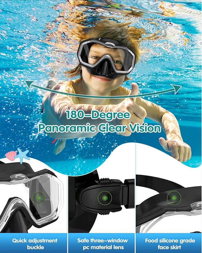 W WSTOO Kids Swim Goggles with Nose Cover,Snorkel Diving Swimming Mask for Youth 5-15,HD 3-Window Wide Vision Anti-Shattered Lens Anti-Fog&Leak