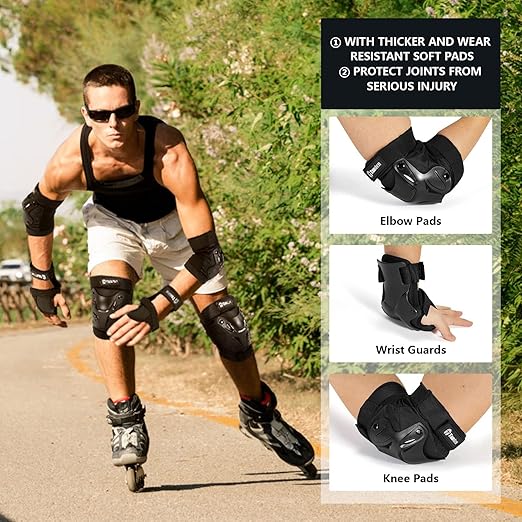 Skating Protective Gear Adult Youth Knee Pads and Elbow Pads Set, Skateboard Wrist Guards for Roller Skating Skateboarding Cycling Black