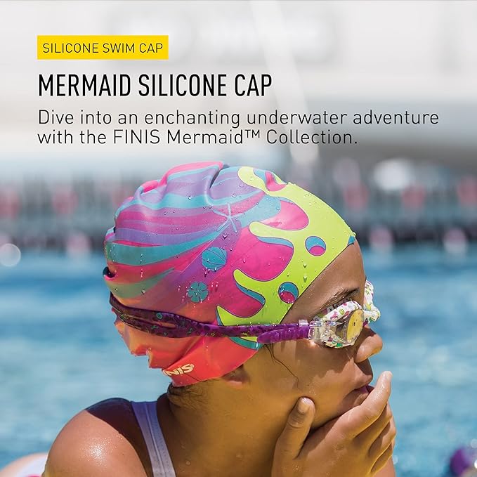 FINIS Mermaid Kids Swim Cap - 100% Silicone - Fun Prints - Universal Fit - Chlorine Protection