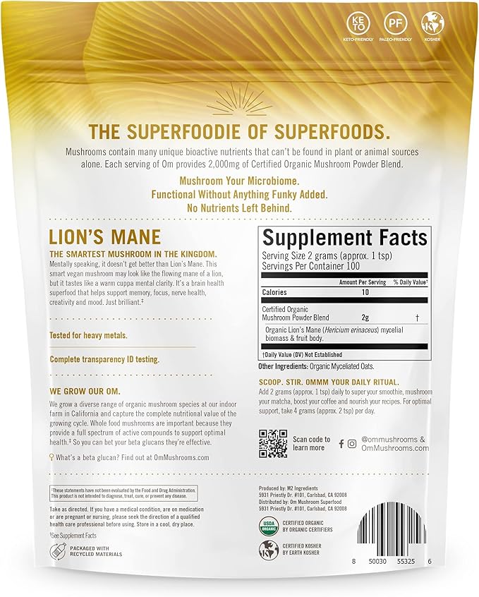 OM MUSHROOM SUPERFOOD Lion's Mane Organic Mushroom Powder, Improves Memory, Focus, Clarity, Nerve Health, and Mood Support, 7.05 oz, 100 Servings