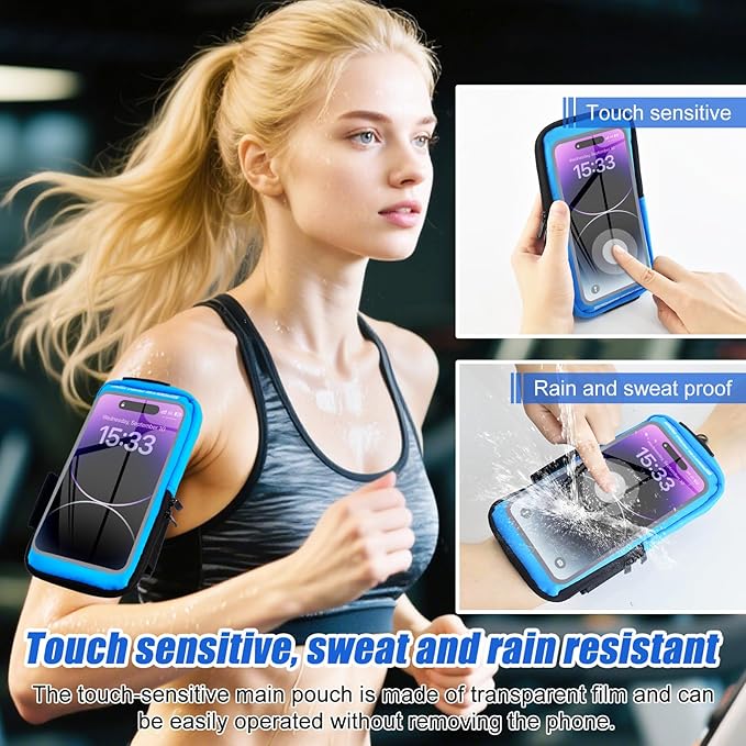 Phone Holder for Running, Running Armband Phone Holder with Carabiner, Phone Armbands for iPhone 16 15 14 13 12 11Pro Max & Galaxy S25/S24/S23, Cell Phone Armband Up to 6.8'' Phone (Blue)