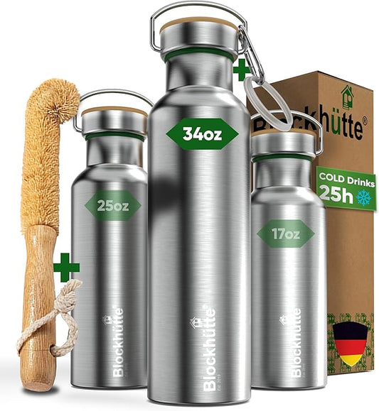 Blockhuette Vacuum Insulated Stainless Steel Water Bottle I 34 oz I Wide Mouth Insulated Metal Bottle for Cold Drinks I BPA-Free I Perfect for Travel, School, Kids, Adults, Water Canteen