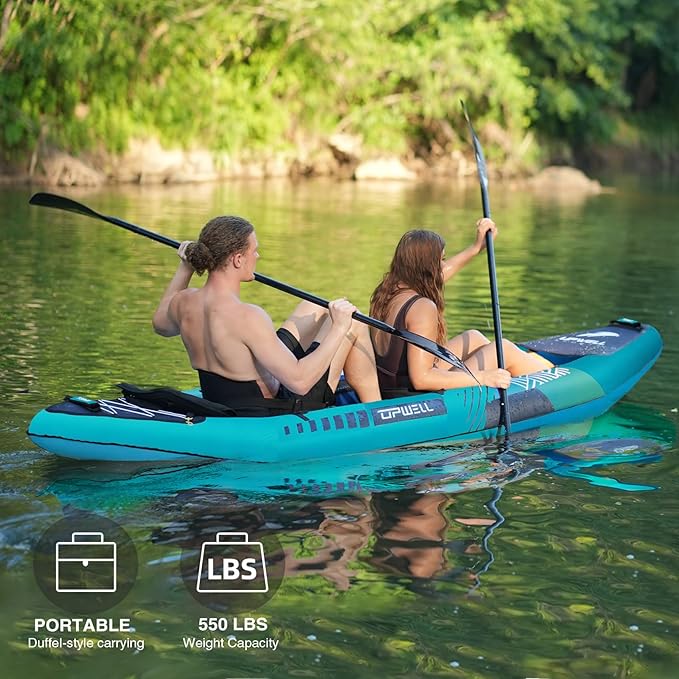 UPWELL 13'6”/11' Inflatable Recreational Kayak - 2 Person with Drop Stitch Floor and Accessories Including Kayak Seats with High Back Support, Paddle, Fin, Repair Kits, Carry Bag and Hand Pump