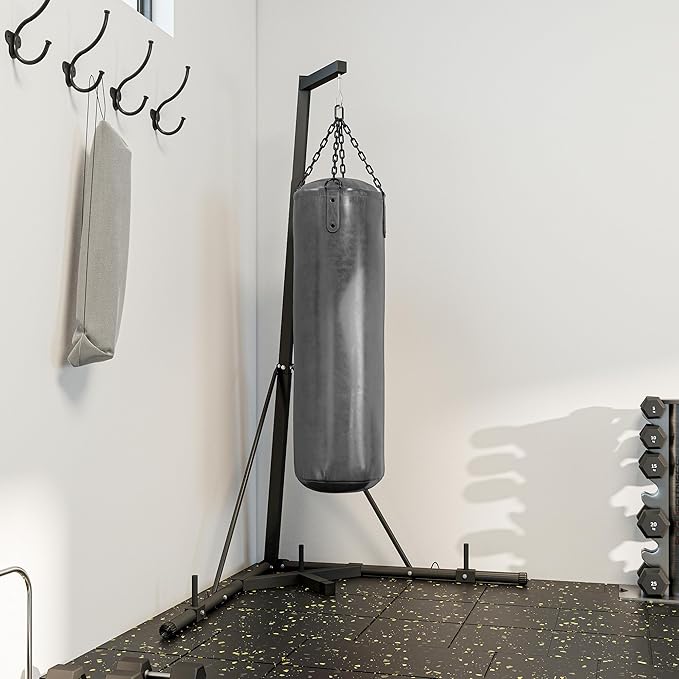 Soozier Foldable Punch Bag Stand, Height Adjustable Heavy Bag Stand with Weighted Base, Free Standing for Home Gym, Stand Only