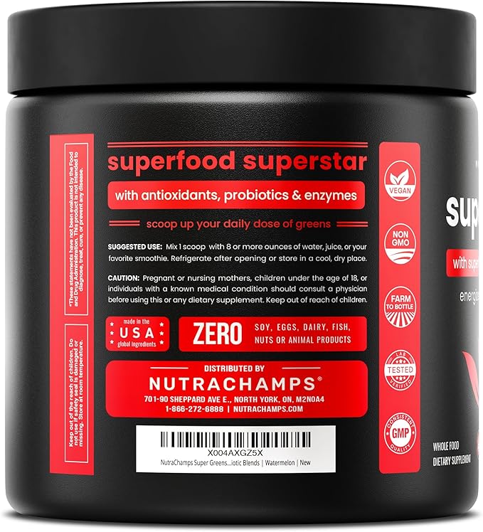 NutraChamps Super Greens Powder Premium Superfood | 20+ Organic Green Veggie Whole Foods | Alfalfa, Spirulina, Chlorella & More | Antioxidant, Digestive Enzyme & Probiotic Blends | Watermelon