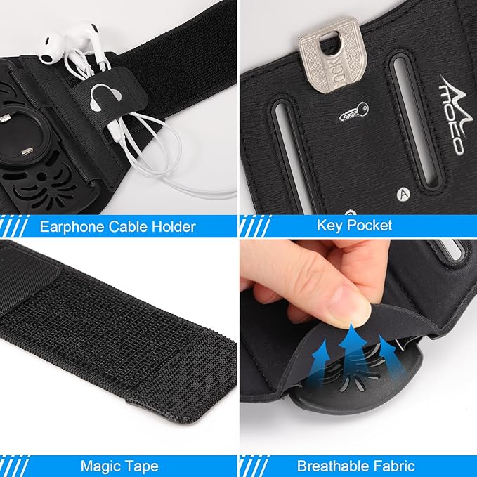 MoKo Running Armband 360°Rotatable for iPhone 16 15 14 13 Pro Max Plus Samsung Galaxy Note S24 S23 Fits Smartphones Over 5.8'', Detachable Armband Phone Holder for Running Biking with Key Holder