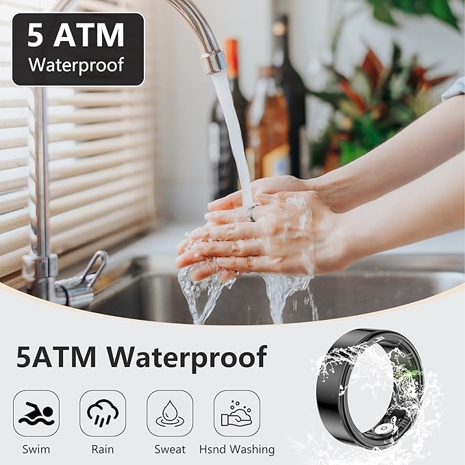 Thin Smart Ring for Fitness & Health Tracking -Pedometer,Sleep/Heart Rate/Blood Oxygen Monitor, Gesture Control / 5ATM Waterproof -No APP Subscription Compatible with Android& iOS (Black, 7)