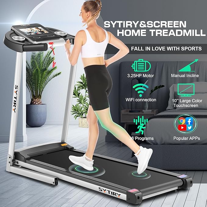 SYTIRY Treadmill with Touch Screen,3.25HP Treadmills for Home with TV and WiFi,Smart Foldable Treadmill with Music,3D Virtual Sports Scene,Popular APP for Social Networking,Walking/Running Machine