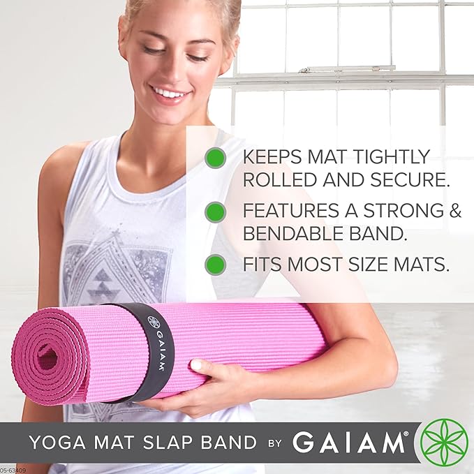 Gaiam Yoga Mat Strap Slap Band - Keeps Your Mat Tightly Rolled and Secure with One Snap - Strong Clasp for Yoga Mat Storage and Travel - Fits Most Size Mats (20"L x 1.5"W), Black