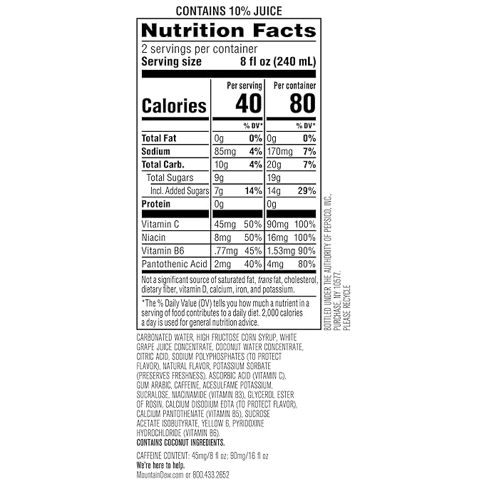 Mountain Dew Kickstart, Pineapple Orange Mango, 90mg Caffeine, Vitamins B & C, 80 Calories, 10% Juice, 16 fl oz (Pack of 12)