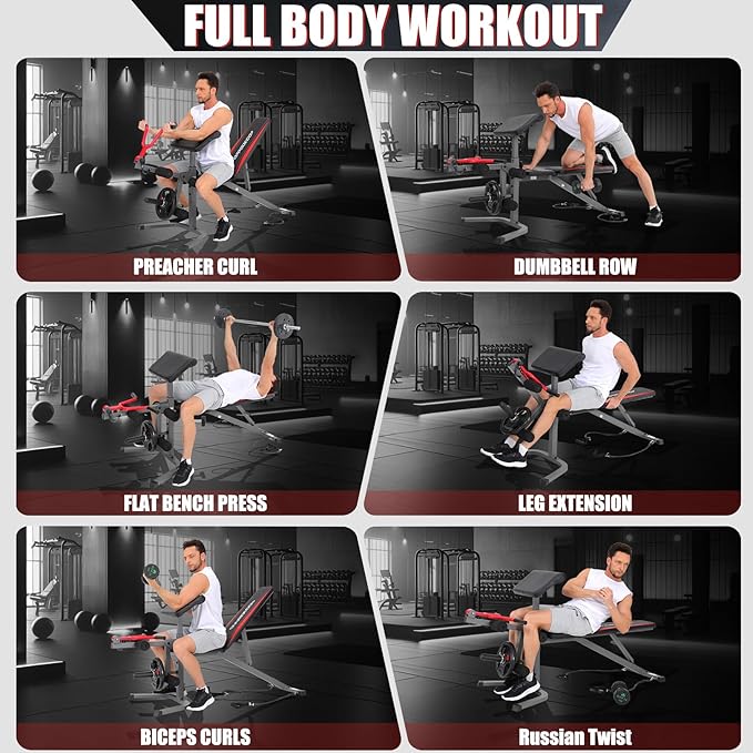 OPPSDECOR 900LBS Adjustable Weight Bench Press with Leg Extension and Preacher Curl Pad, Flat Incline Decline Utility Workout Bench for Home Gym Exercise