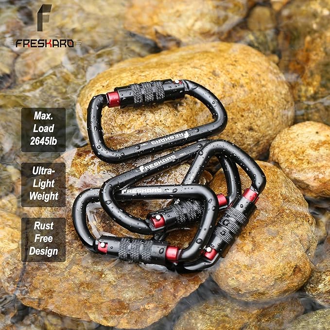 FresKaro 3inch 12kN-2698lbs Auto Locking Carabiner Clips, Solid D Shape, Heavy Duty 7075 Aluminum, Lightweight 1.09oz, Rust Proof, for Hammock, Hiking, Dog Leash, Keychain etc., Multi-Colors