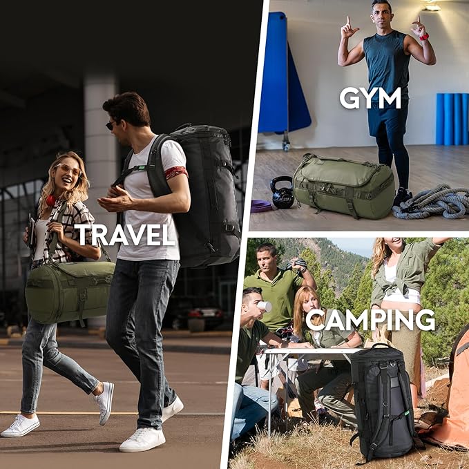 Haimont Large Duffle Bag Backpack for Men Women, 60L Convertible Travel Duffel Bags with Shoes Compartment, Carry on Durable Duffle for Sports Gym Hiking Camping, Water-resistant, Army Green