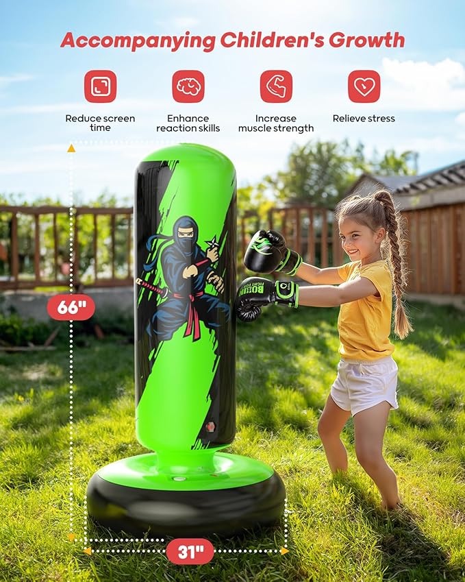 QPAU Punching Bag for Kids, 66 Inch Stable Inflatable Boxing Bag with Boxing Gloves, Stand Kids Punching Bag Toy for Boys & Girls Age 6-12, Boxing Set for Practicing Karate, Taekwondo, MMA