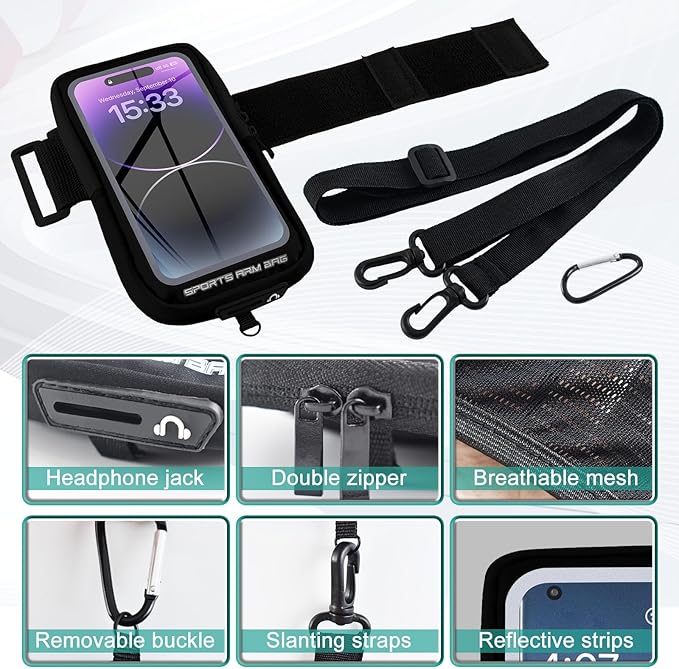 Phone Holder for Running, Running Armband Phone Holder with Carabiner, Phone Armbands for iPhone 16 15 14 13 12 11Pro Max & Galaxy S25/S24/S23, Cell Phone Armband Up to 6.8'' Phone (Black)