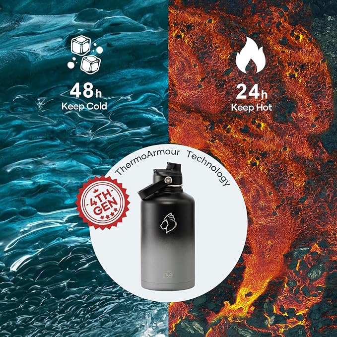 Insulated Water Bottle 64 oz with Straw Lid and Flex Lid, BUZIO 64oz Stainless Steel Water Bottle Half Gallon Jug Flask, Double Wall Vacuum Sports Thermo Mug, Cold Hot Hydro Metal Canteen