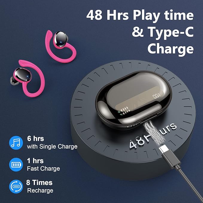 Wireless Earbuds Sport Bluetooth Headphones 5.4, 2025 Bluetooth Earbuds 4 HD Mic, Over-Ear Buds with Earhooks ENC Noise Canceling Earphones, 48Hrs Stereo, IP7 Waterproof Headset for Workout/Running