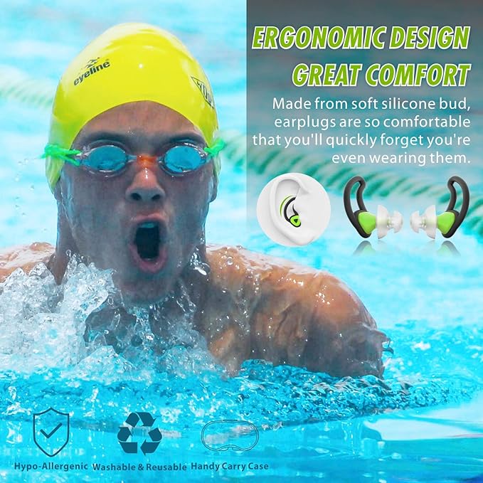 Hearprotek [2 Pairs] Ear Plugs for Swimming,Swim Ear Plugs Adults-Waterproof Silicone Water earplugs for Men Women Juniors Swimmers Pool Shower Bathing (Green)