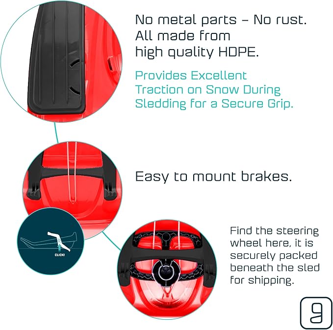 Snow Sled for Kids, Adults - Toboggan Sled, Easy Turning Steering Wheel, Anti-Slip Seat, Pull Up Brake, Durable Plastic Sled, Lightweight, Snow Sleds, Age 3+ 260 lbs