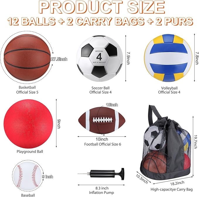 Deekin 12 Pcs Assorted Sport Ball Set Official Size Basketball, Football, Volleyball, Soccer, Baseball, Playground Ball with Bag and Pump Gift for Kid Youth Adult Back to School