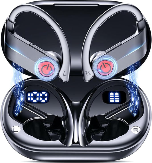 EUQQ Ear Buds Wireless Bluetooth Earbuds, Noise Cancelling Headphones 120H Playtime，IPX7 Waterproof Sports with Earhooks,LED Display Wireless Earphones for Running Gym Workout-Black