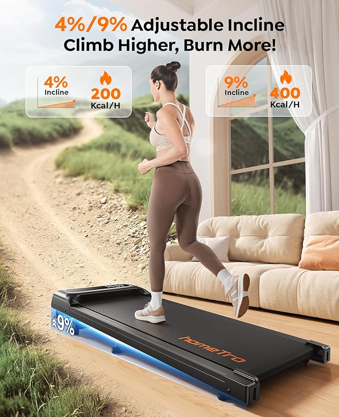 3.0HP Walking Pad with 9% Incline, 0.6-5 MPH, Compact & Portable Under Desk Treadmill for Home/Office, Maximum 265lbs Capacity, Remote, APP Control, for Jogging/Running, Assemble Free