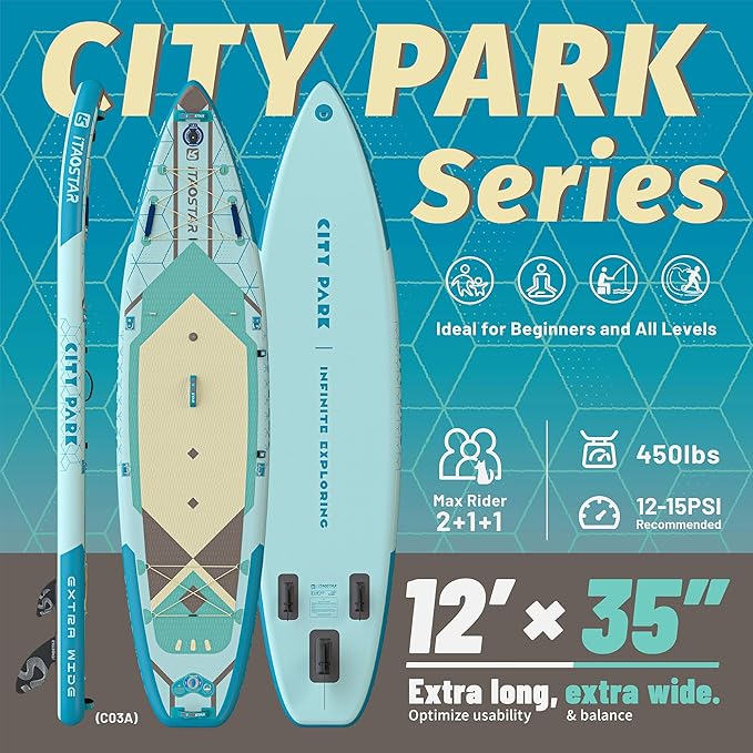 City Park 12'×35" Extra Wide Paddle Board with Seat, One-Stop Premium SUP Board Gears, Tailored 5 Fins, Stable Inflatable Stand Up Paddle Boards for Youth/Adults of All Levels