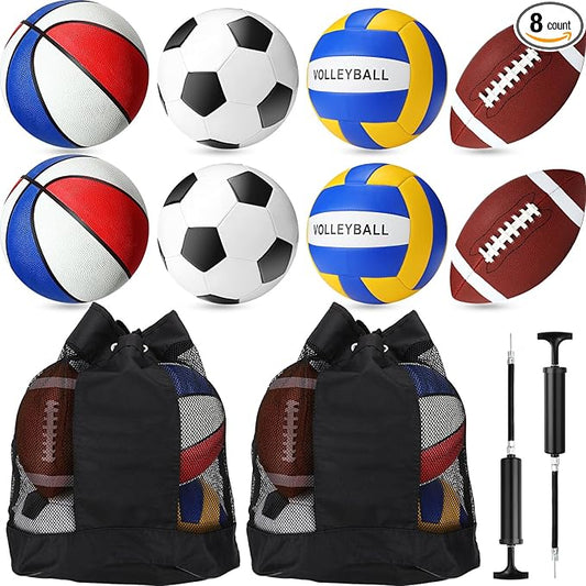 8 Pcs Sports Balls Set Include Basketball Football Soccer Volleyball with 2 Sport Equipment Bags 2 Pumps for Teens Youth Adult Outdoor Operation Christmas Ball Gifts