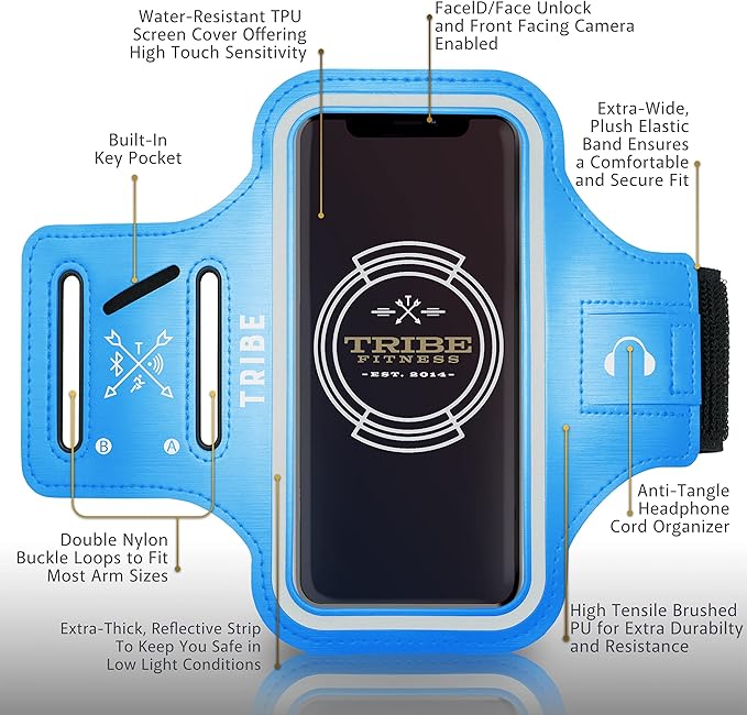 TRIBE Water Resistant Cell Phone Armband Case Running Holder for iPhone Pro Max Plus Mini SE (13/12/11/X/XS/XR/8/7/6/5) Galaxy S Ultra Plus Edge Note (21/20/10/9/8/7/6/5) Adjustable Strap & Key Pocket