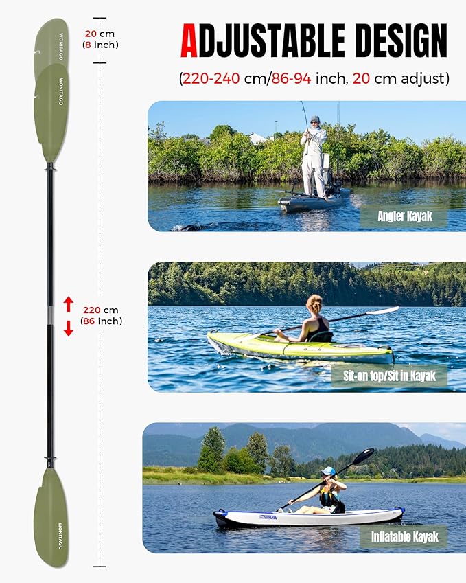 Angler Kayak Paddle with Fiberglass Shaft and Plastic Blade, Floating Adjustable Fihsing Kayak Oar, 220-240 cm/86-94", 240-260 cm/94-102", 260-280 cm/102-110"