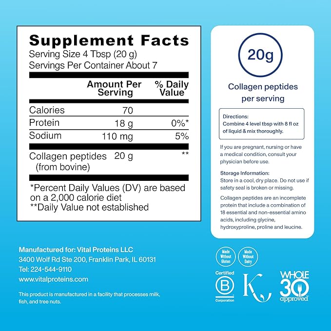 Vital Proteins Collagen Peptides Powder Supplement for Skin Hair Nail Joint Health or Support - Hydrolyzed Collagen - Unflavored, 7 Servings