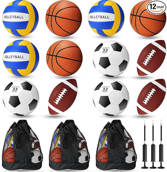 Jenaai Sport Balls Set Official Size Basketball Football Volleyball Soccer Ball with Equipment Bags and Pumps Kit for Kid Youth Adult Indoor Outdoor Operation Christmas