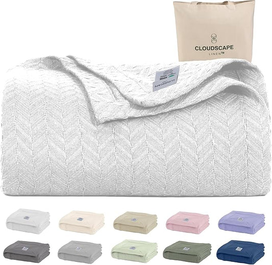 Cloud Scape Linen 100% Cotton Blanket King Size for Bed – Lightweight Summer Blanket, Herringbone Weave,fits California King Size Bed, 92x108,White
