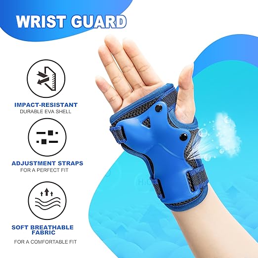 2PM SPORTS Knee Pads for Kids, Wrist Guards Knee and Elbow Pads Set with Drawstring Bag, Protective Gear Set for Girls Boys Roller Skating Cycling Skateboard - Blue Medium