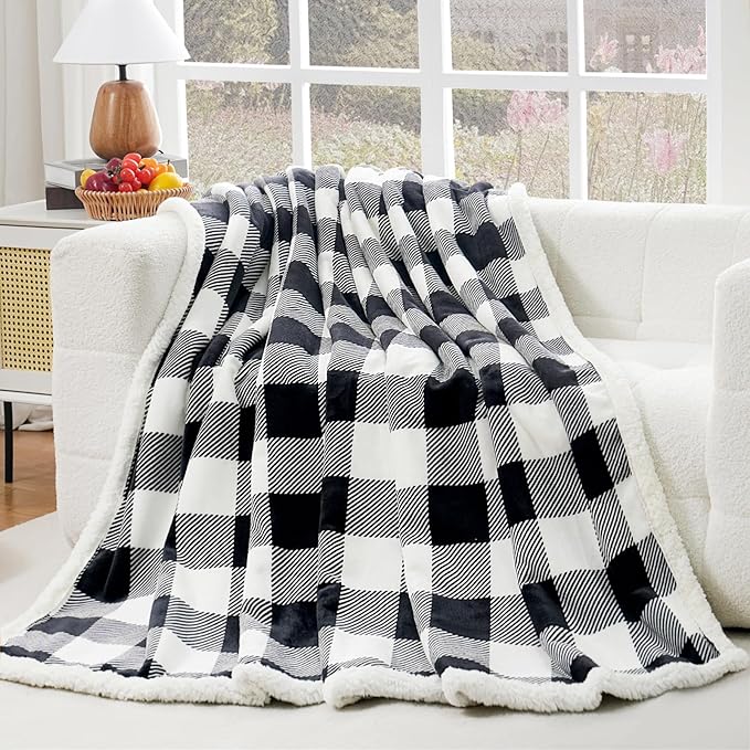 PU MEI Sherpa Fleece Throw Blanket 60" x 80" Reversible Plush Fluffy Large Big Blanket Lattice Flannel Blankets for All Season Use, Black and White