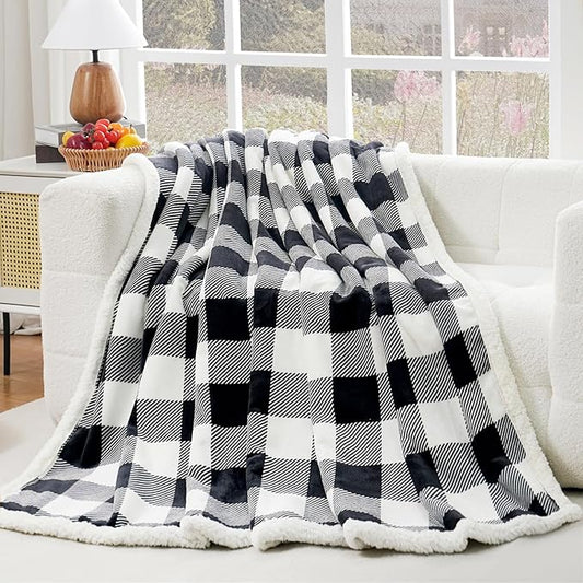 PU MEI Sherpa Fleece Throw Blanket 60" x 80" Reversible Plush Fluffy Large Big Blanket Lattice Flannel Blankets for All Season Use, Black and White