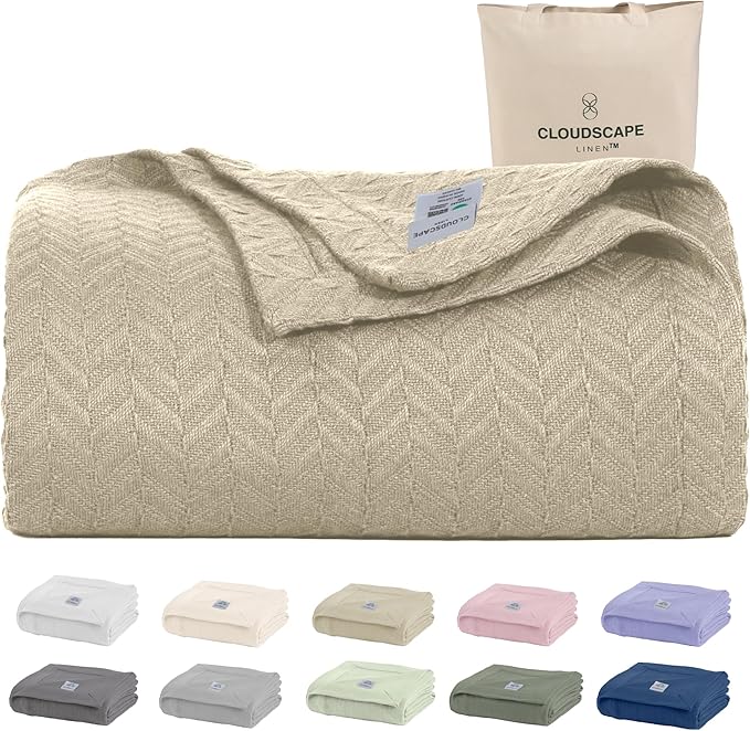 Cloud Scape Linen 100% Cotton Queen Size Blanket, Herringbone Pattern, Lightweight Summer Blanket,Best Gifts for Women, fits Full Size Bed, 92 x 92, Beige Fog
